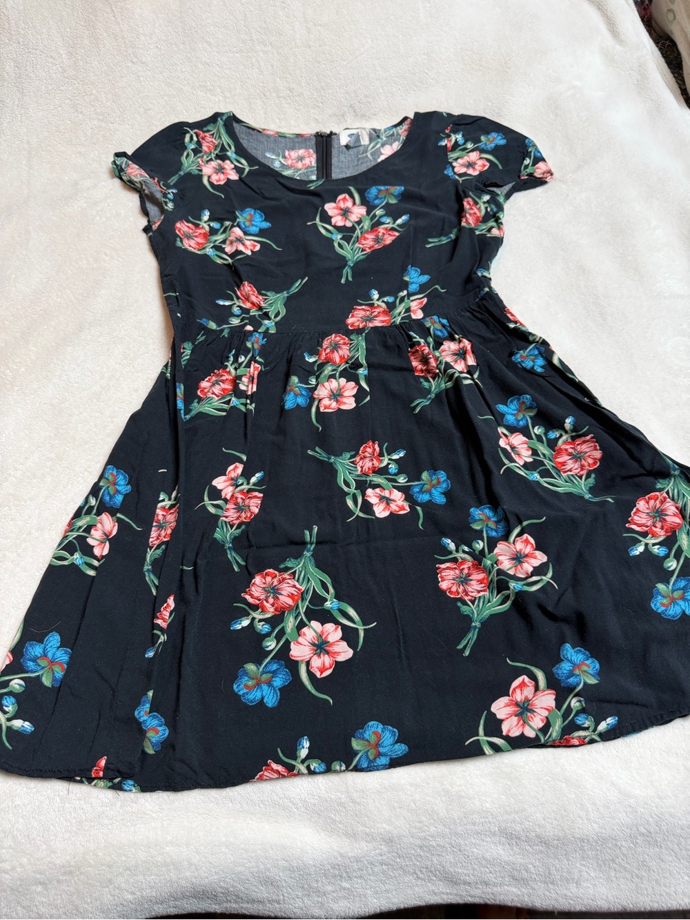 Old Navy Black Floral Casual Dress with Pink & Blue Flowers